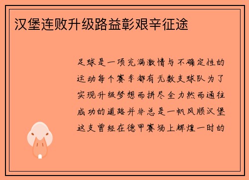 汉堡连败升级路益彰艰辛征途